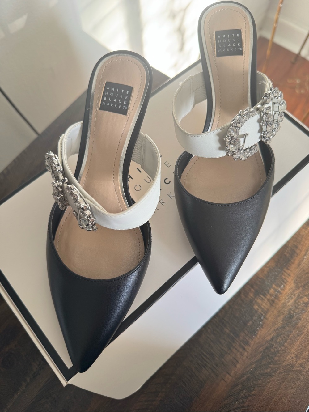 White House Black Market Black and White Jeweled Pointed-Toe Mules